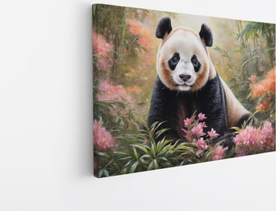 Saammp Canvas Schilderij - Panda tussen de bloemen - Dieren - Abstract - 45x30 - Foto op canvas - Wanddecoratie - Muurdecoratie Woonkamer - Slaapkamer decoratie - Canvas Print