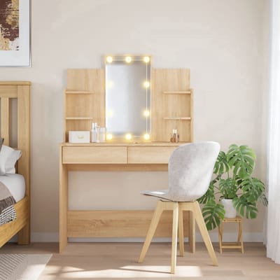 Kaptafel met spiegel en verlichting - Make up tafel - Make up - Toilettafel - Met lades - Eiken