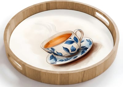 Dienblad rond 40x40 cm - Schootdienblad hout - Theekop - Bladeren - Blauw - Borrelplank rechthoek - Plateau houten dienbladen