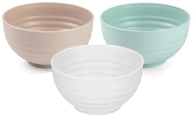 Plasticforte onbreekbaar servies kommetjes - schaaltjes - 12x stuks - wit/beige/groen - kunststof - 13 x 7 cm - Camping - Keuken