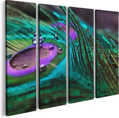 Artaza Canvas Schilderij Vierluik Kleurrijke Pauw Veer Met Waterdruppels - 80x60 cm - Wanddecoratie Woonkamer - Schilderijen - Muurdecoratie