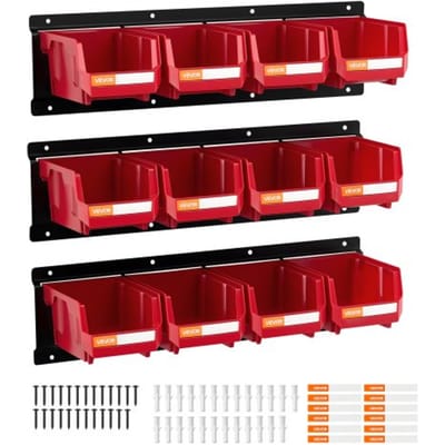 VEVOR stapelboxen voor aan de muur, 137x105x75mm opbergboxen (12 stuks) & 3 metalen rails, zichtbare opbergboxen voor schroeven, moeren, bouten en spijkers, gereedschapsorganizer voor werkplaats, hobbykamer, garage, rood