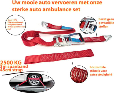 Autotransport spanband/ autotrailer, 3m, 50mm spanband met J haken en tussenstuk van 45 voor  banden tot 17 inch