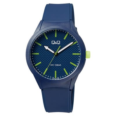 Q&Q VR28J029Y - Horloge - Sport - Analoog - Unisex - Plastic band - Rond - Cijfers - Kunststof - DonkerBlauw - LechtGroen - 10 ATM