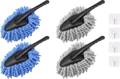SnelShoppen - Car Dust Brush Set van 4 - Microfibre Schoonmaakborstel met Handvat - Auto Reinigingsborstel - Universeel voor Thuis en Kantoor - Blauw