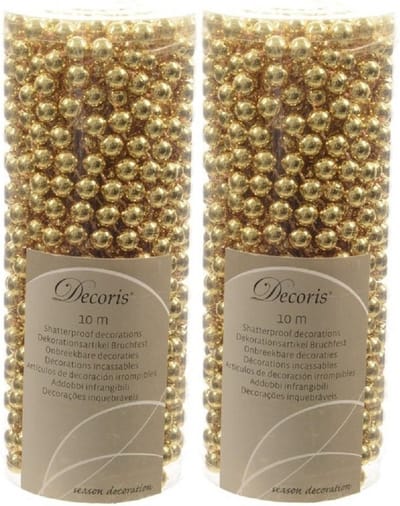 Decoris kralenslingers - 2x - goud - 10 meter - kunststof - glans - kerstslingers