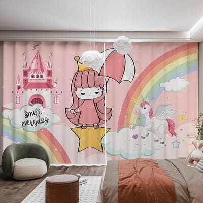 2 Panelen Roze Prinsessenkamer Gordijnpanelen Cartoon Eenhoorn Kasteel Regenboog Print Gordijnen voor Meisjes Kinder Slaapkamer Gordijnen cortina 2x100W240H(CM)&Grommet Top