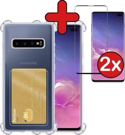 Hoesje - Geschikt voor Samsung Galaxy S10 - Met 2x Screenprotector - Pashouder - Kaarthouder - Back Cover - Telefoon Hoes Shockproof - Siliconen Case - Shock Proof - Pasjes Houder - Telefoonhoes - Transparant