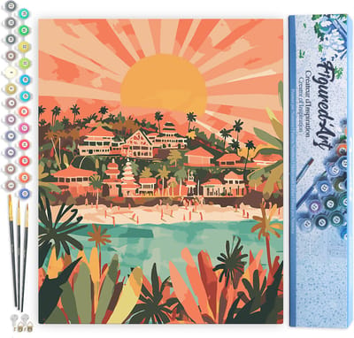 Figured'Art Schilderen op Nummer Volwassenen canvas Zonsopgang in Bali- Handwerk acrylverf Kit DIY Compleet - 40x50cm zonder frame