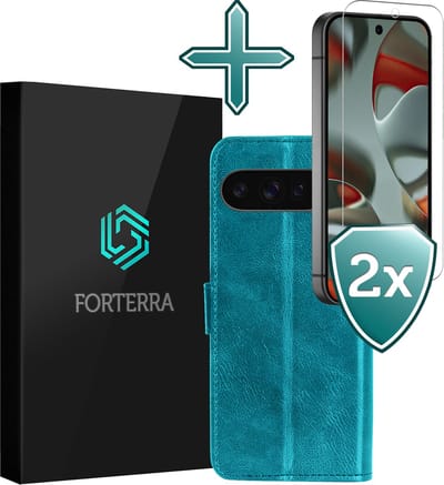 Hoesje Met 2x Screenprotector - Geschikt voor Google Pixel 10 Pro - Luxe Pasjeshouder - Flip Case - Bookcase Portemonee - Kunstleer Book Case - Flipcase Hoes - Book Cover - Walletcase - Portemonneehoes - Turquoise