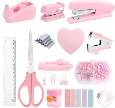 ByShane - Roze kantoorbenodigdheden set met perforator, schaar en meer Koop nu deze complete set kantoorartikelen in roze variant Shop nu bij ByShane: kantoorbenodigdheden set inclusief nietjesverwijderaar, gum en clip