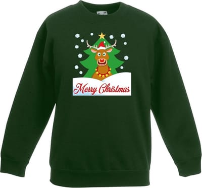Kersttrui voor kinderen - Rendier Rudolf voor kerstboom - Groen - lange mouwen 98/104
