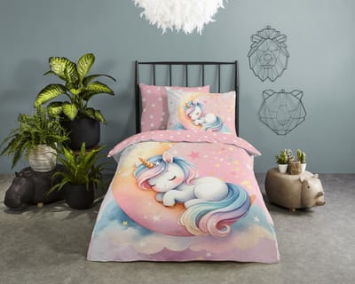 Good Morning dekbedovertrek eenhoorn slapend op maan - 1 persoons 140x200/220 cm - Roze - 100% Katoen renforc�