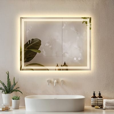 tectake® Badkamerspiegel Clara - Rechthoekige Spiegel met LED Verlichting - 70 x 50 cm - Wandspiegel - Anti Condens - Met Verwarming - Dimbaar - 3 Licht Kleuren - Frameloos - Touchbediening