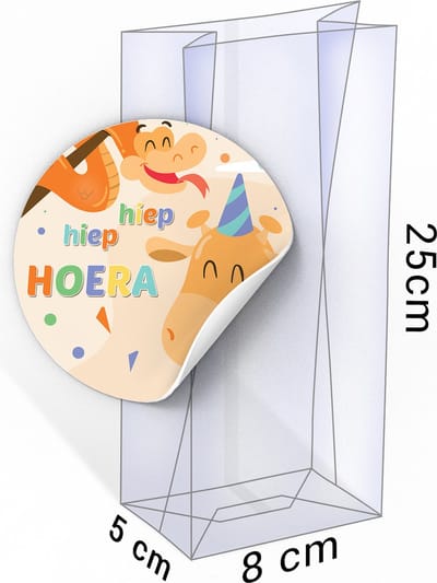 20x Uitdeelzakjes + Giraf Slang Stickers - 80 x 50 x 250mm | Blokbodemzakjes transparant | Plastic Zakjes | Cellofaanzakjes | Uitdeelzakjes transparant | Uitdeelzakjes kinderfeestje | Cadeauzakjes | Inpakzakjes | Traktatie zakjes
