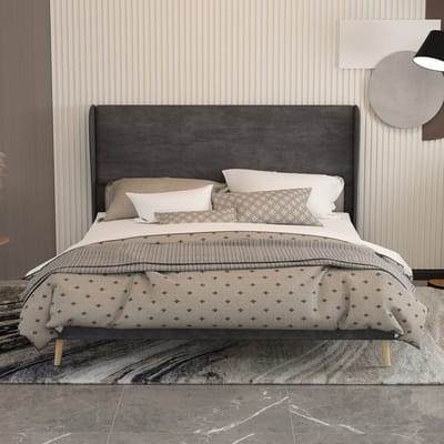 Wishdor Gestoffeerd Bedframe – 160 x 200 cm – Zacht Hoofdbord – Stof en Metaal Grijs – Modern Minimalistisch Ontwerp – Eenvoudige Montage – Stijlvol voor Moderne Slaapkamer
