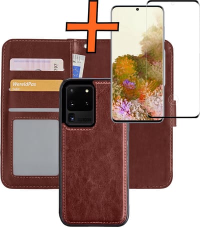 Hoes - 2 in 1 - Geschikt voor Samsung Galaxy S20 Ultra - Met Screenprotector - En Uitneembare Hard Cover - Bookcase - Wallet Case - Met Pasjeshouder - Book Case - Uitneembaar - Pashouder - Kunstleer - Bruin