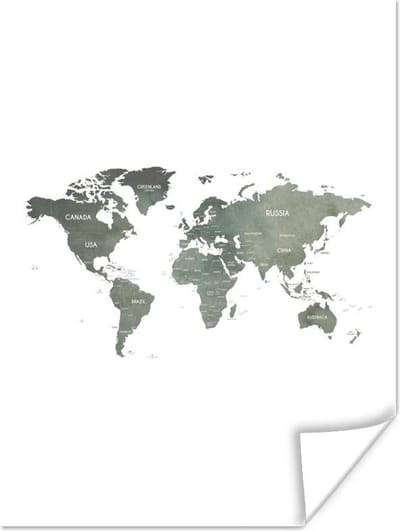 Poster - Wereldkaart - Groen - Landen - 30x40 cm