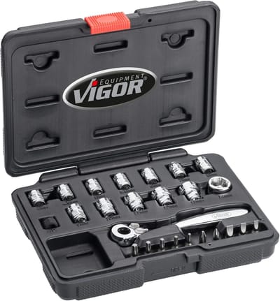 Dopsleutelset 25 Delig - Gereedschap Set - Kleine Ruimtes - Super Platte Ratel - 6.3 mm Drive - Zwart