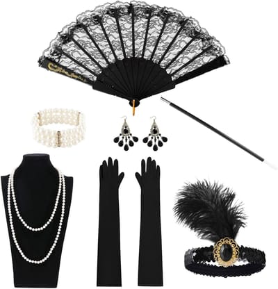 7-delige kostuumaccessoires voor vrouwen in jaren '20 voor een Great Gatsby themafeest - herbruikbare zwarte maffia accessoires