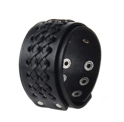 Brede Armband Heren - Leren Armband - Gevlochten - Zwart