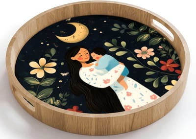 Dienblad rond 40x40 cm - Schootdienblad hout - Moeder - Kind - Kleurrijk - Bloemen - Borrelplank rechthoek - Plateau houten dienbladen