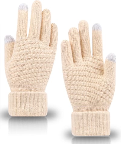 Warme handschoenen met 2 touchscreen vingertoppen - Beige - Handpalm omtrek 20,5 CM - gewoven kunstwol handschoenen - Smartphone handschoenen