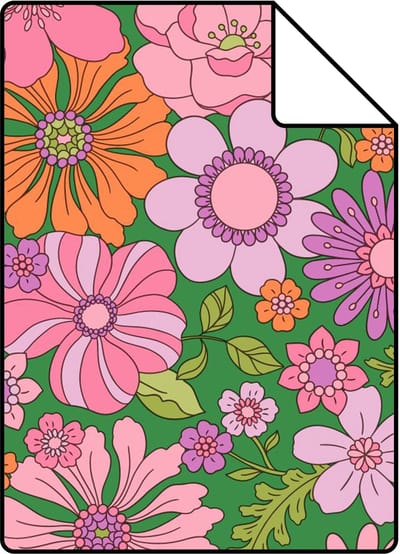 Proefstaal ESTAhome behang retro bloemen groen, paars, roze en oranje - 26.5 x 21 cm - 131806-S