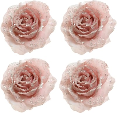 4x stuks kerstboom decoratie rozen poeder roze 14 cm - Kerstversiering/kerstboomversiering
