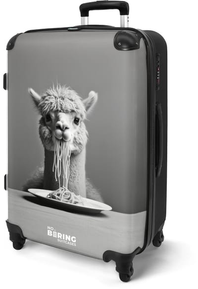 NoBoringSuitcases.com® - Koffer groot - Rolkoffer lichtgewicht - Grijs - Alpaca met spaghetti - Reiskoffer met 4 wielen - Grote trolley XL - 20 kg bagage - Valiezen middelgroot - Hardcase bagagekoffer - Suitcase large