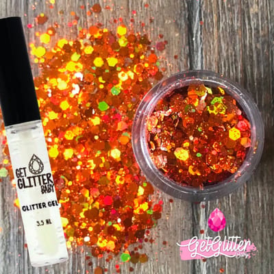 GetGlitterBaby® - Biologische / Biologisch afbreekbare Oranje / Gouden Chunky Festival Glitters voor Lichaam en Gezicht Jewels / Koningsdag Oranje versiering Voetbal / Biodegradable Face Body Glittergel - Goud / Brons en Glitter Gel HuidLijm