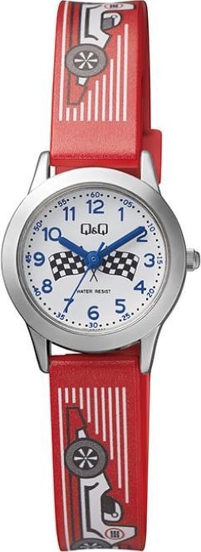 Q&Q QC29J334Y - Horloge - Analoog - Kinderen - Unisex - Plastic band - Rond - Cijfers - Metaal - Race Auto - Rood - Zilverkleurig - Wit