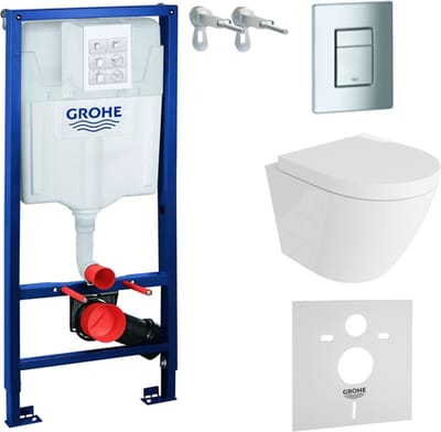 Inbouwreservoir Complete Toiletset Grohe Solido 39069000 - Inbouw WC Hangtoilet Wandcloset Sogo Wit Hoogglans - Bedieningsplaat EVEN 4in1 Chroom - Voorwandelement - Installatiesysteem