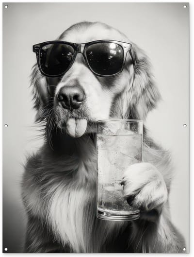 Tuinposter 120x160 cm - Tuindecoratie Golden retriever - Hond - Zonnebril - Gkas - Poster voor in de tuin - Buiten decoratie - Schutting tuinschilderij - Tuindoek muurdecoratie - Wanddecoratie balkondoek