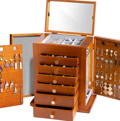 Grote 7-laags houten juwelendoos voor vrouwen - sieradenhouder met spiegel - oorbellen armband ketting horlogering - dressoir - bruin