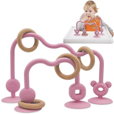 Siliconen kinderstoel met zuignap en houten ring - Montessori motoriekspeelgoed voor baby's vanaf 3 maanden