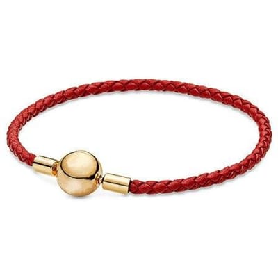 Argent sterling S925 Nouveau bracelet classique en corde de cuir rouge à boucle à tête ronde Ajustement Bracelet Bijoux DIY pour femmes 21cm rouge