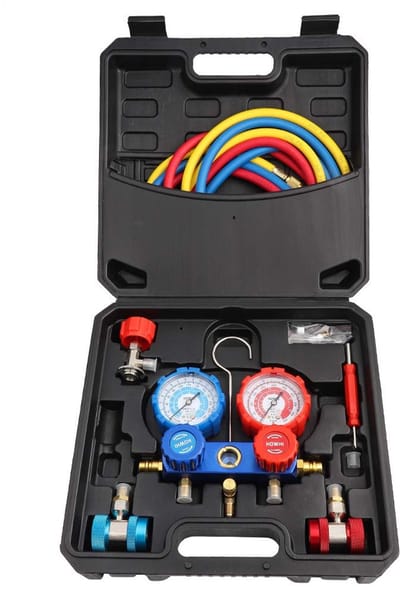 Koelmiddel Manometerset - Airco Meetinstrument - Auto Airco Onderhoud - Dubbele Kleurgecodeerde Meters - 1.5 M Slangen - Rood Blauw Geel