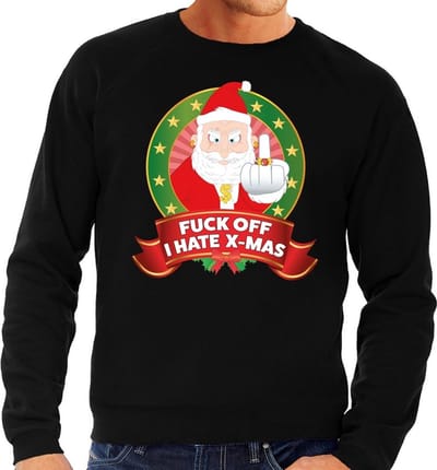 Foute kersttrui / sweater - zwart - Kerstman met middelvinger Fuck Off I Hate X-mas heren S