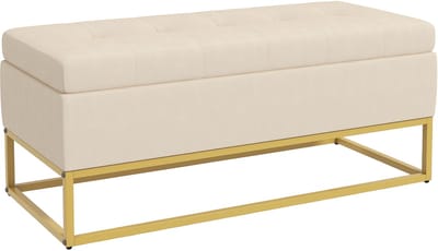Opbergbank 110 x 44 x 49 cm - Gestoffeerde Zitbank Met Klapdeksel - Stalen Poten - Fluweel - Beige