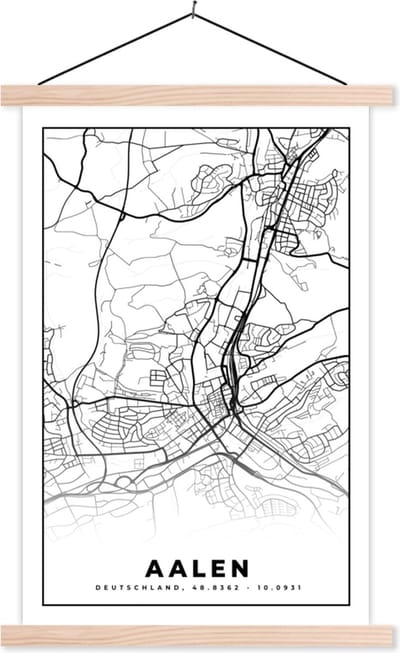 Posterhanger incl. Poster 40x60 cm - Schoolplaat - Aalen - Plattegrond - Kaart - Stadskaart - Textielposter - Blanke latten - Stadskaart