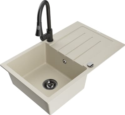Mexen Bruno granieten spoelbak 1-komorig met afdruiprek en keukenmengkraan Elia, beige - 6513-69-670101-70
