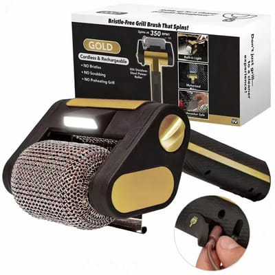 Zwart BBQ-borstel Borstelloze elektrische grillreiniger-304 roestvrij staal-draadloos met LED-verlichting-afneembaar 350rpm rol-grillaccessoire voor keuken en buitenbarbecue