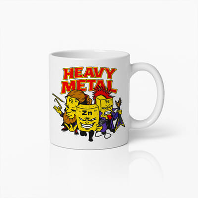 Grappige “Heavy Metal” Scheikunde Cartoon Witte Mok 330ml – Chemie & Rock Humor Beker