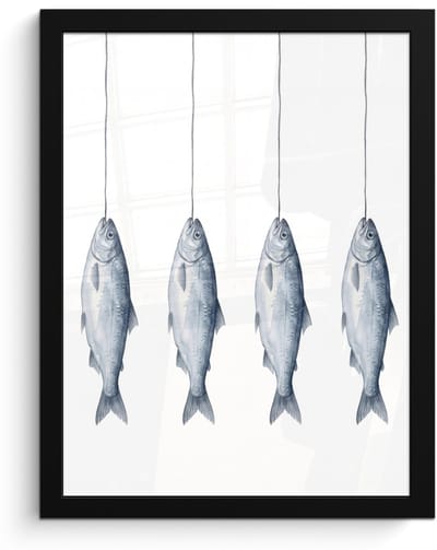 Poster in lijst - Fotolijst 30x40 cm - Posters - Vissen - Illustratie - Delfts - Blauw - Posterlijst zwart - Decoratie - Wanddecoratie woonkamer - Muurdecoratie slaapkamer