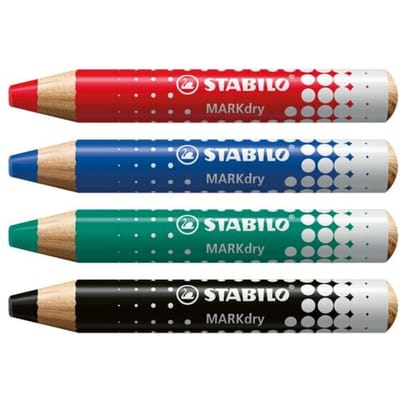 STABILO MARKdry Etui - Whitboard- en Flipover Marker - Etui Met 4 Klassieke Kleuren - Met Puntenslijper en Uitveegdoek