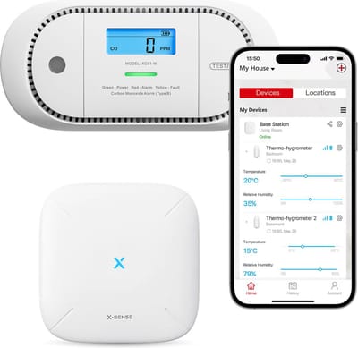 X-Sense Slimme koolmonoxidemelder bundel met WiFi - 1 XC01-M CO melder en 1 SBS50 Base Station - Link+ Pro - Werkt via app - Draadloos RF koppelbaar - LCD Display