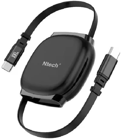 Ntech - USB-C Kabel 100W Intrekbare Snellader Kabel Zwart – Oplaadkabel Geschikt voor apparaten S25, S25 Ultra, S25 FE, S24, S24 FE, A56, A36,A26, A17, A16,Tab A11 Plus, 17, 17 Pro, 17 Pro Max, 16, 16 Pro, 15, 15 Pro