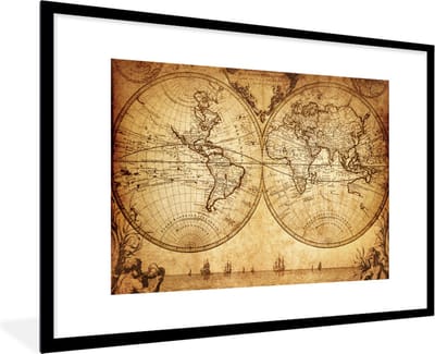 Poster in lijst - Fotolijst 90x60 cm - Posters - Wereldkaart - Antiek - Vintage - Kindje - Jongetje - Meisje - Posterlijst zwart - Decoratie - Wanddecoratie woonkamer - Muurdecoratie slaapkamer