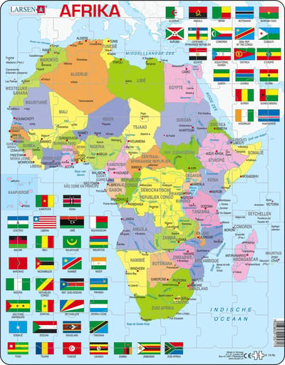 Larsen Afrika met vlaggen – Puzzel – Kaarten & Geografie – Vlaggen Afrika – Educatieve legpuzzel voor kinderen – 70 stukjes – Gemaakt in Noorwegen – Extra dikke 2,5 mm stukjes – Tray met vaste rand